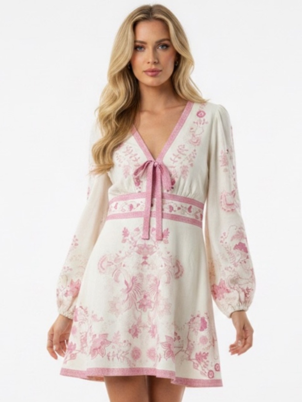 Caroline Constas V-neck linen mini dress with Long puff sleeves XS (Zimmermann)